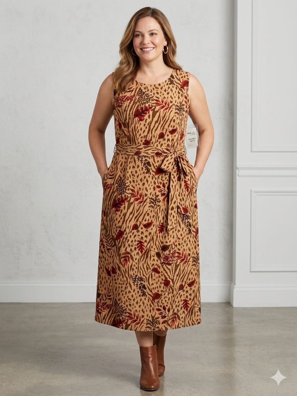 Kathie Lee Size 14 Elegant Cheetah Floral Printed Sleeveless Dress for Any Event